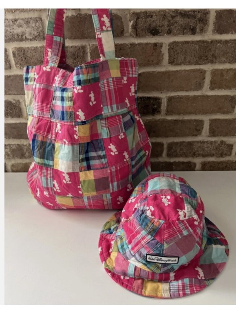 DISNEY Mickey Mouse Pink Madras Plaid Bucket Hat and Tote Bag BUNDLE
